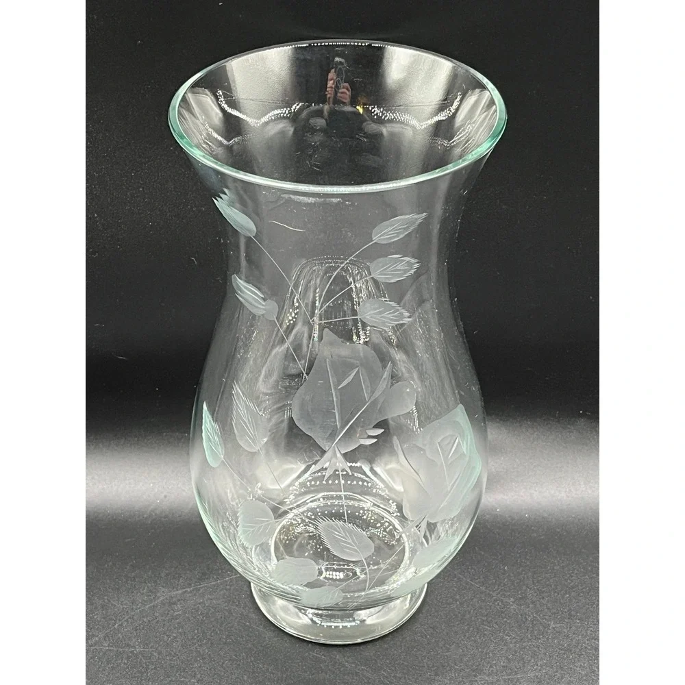 Clear Glass Vase Etched Floral Rose Leaves Footed‎ Pedestal Base Home 9.5